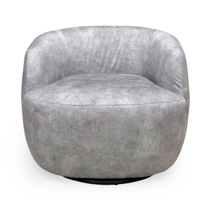 Front view of the ‘Terry’ Swivel Accent Chair in luxurious Infinity Silver velvet, featuring a contemporary tub-style design with a smooth rounded back.