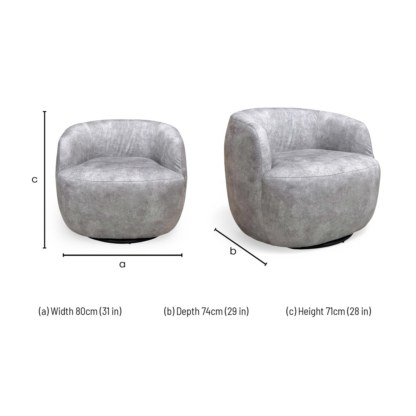 Dimensions for the Thornbrook ‘Terry’ Infinity Silver Velvet Swivel Accent Chair.