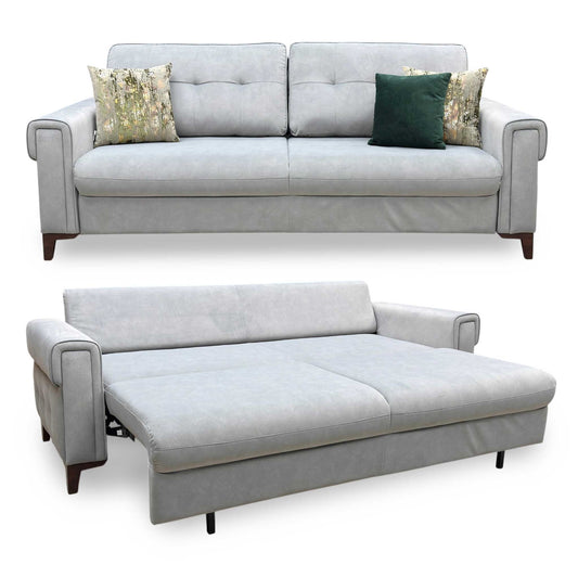 Full view of the Zoom 3-seater sofa bed in premium Grey Nappe velvet, showcasing its modern tufted backrest, clean contemporary profile, and sleek metal legs.
