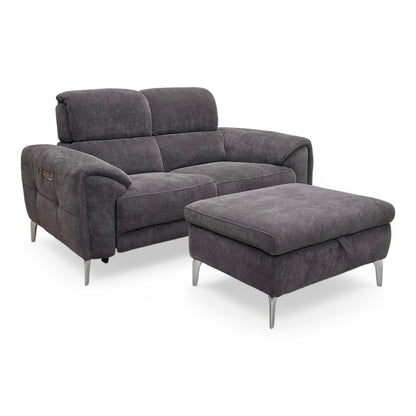 Full view of the Furniture Village ‘Vino’ 2 Seater Power Recliner Sofa and Large Storage Footstool in Manhattan Mushroom linen fabric
