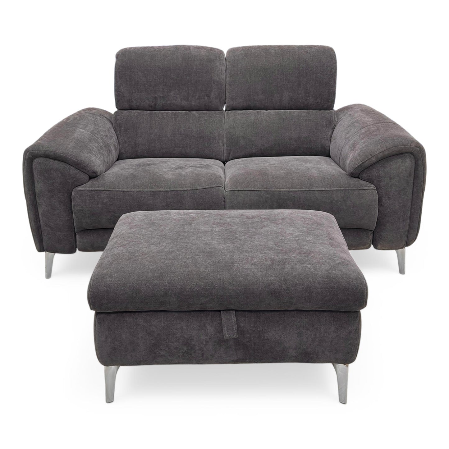 Front view of the Furniture Village ‘Vino’ 2 Seater Power Recliner Sofa and Large Storage Footstool in Manhattan Mushroom linen fabric.