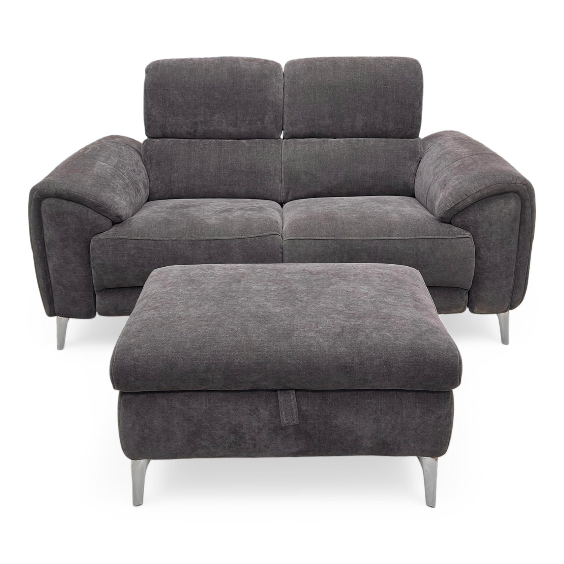 Front view of the Furniture Village ‘Vino’ 2 Seater Power Recliner Sofa and Large Storage Footstool in Manhattan Mushroom linen fabric.