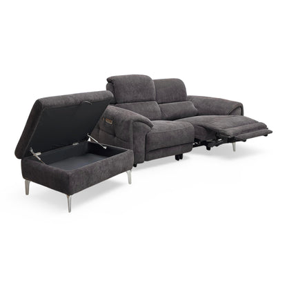 Detailed view of the ‘Vino’ sofa in a reclined position, illustrating the independently adjustable backrest and elevating footrest.
