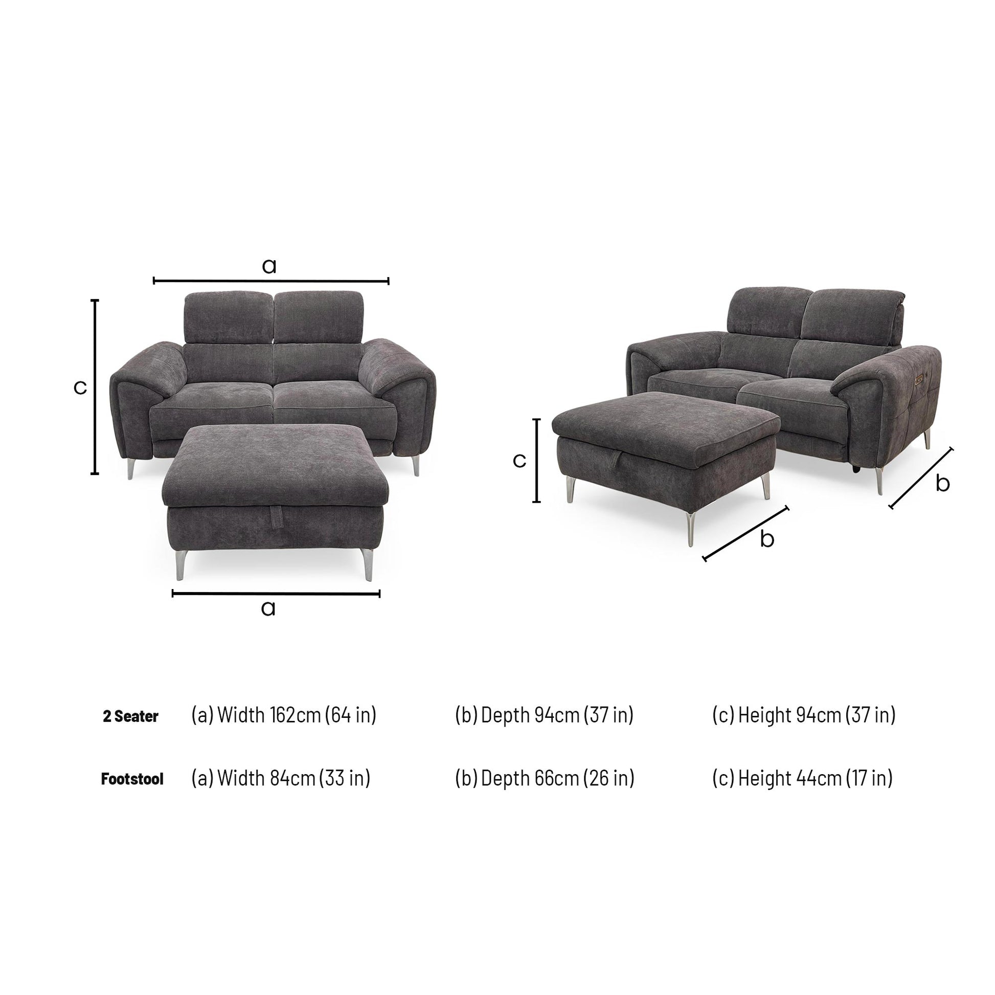 Dimensions for the Furniture Village ‘Vino’ 2 Seater Power Recliner Sofa and Storage Footstool.