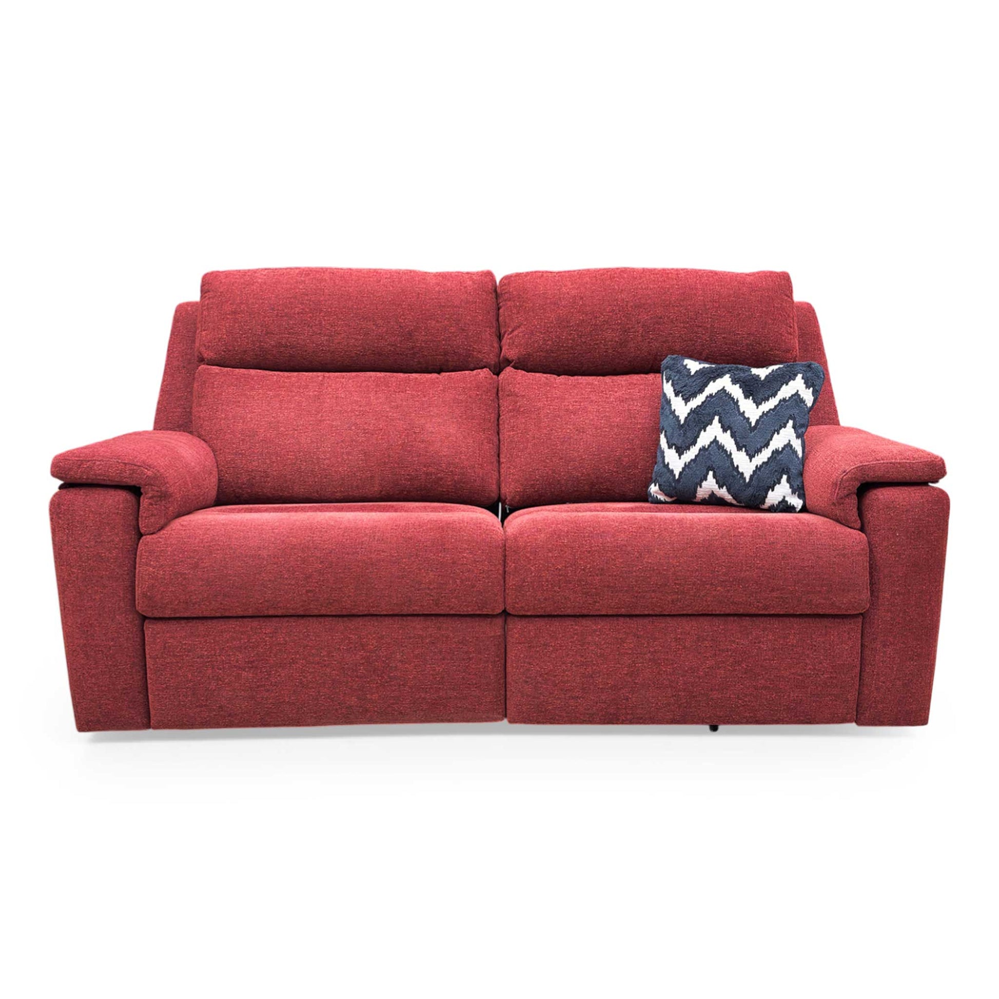 Front view of the G Plan ‘Thornbury’ 3 Seater Power Recliner Sofa in Manhattan Burgundy Red woven fabric, featuring a high back and plush wide arms.