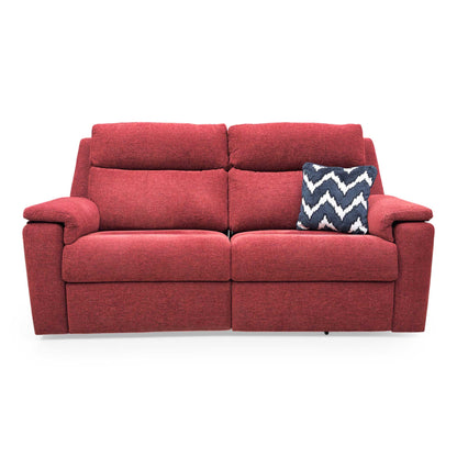 Front view of the G Plan ‘Thornbury’ 3 Seater Power Recliner Sofa in Manhattan Burgundy Red woven fabric, featuring a high back and plush wide arms.