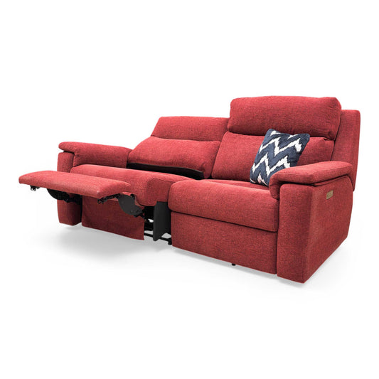 Front view of the G Plan ‘Thornbury’ 3 Seater Power Recliner Sofa in Manhattan Burgundy Red woven fabric, featuring a high back and plush wide arms.