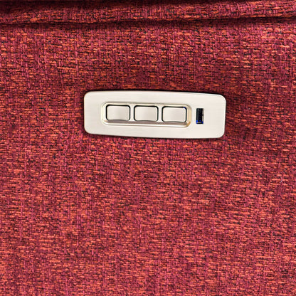 Close-up of the integrated power control panel on the side of the sofa, including buttons for reclining, headrest adjustment, lumbar support, and a USB charging port.