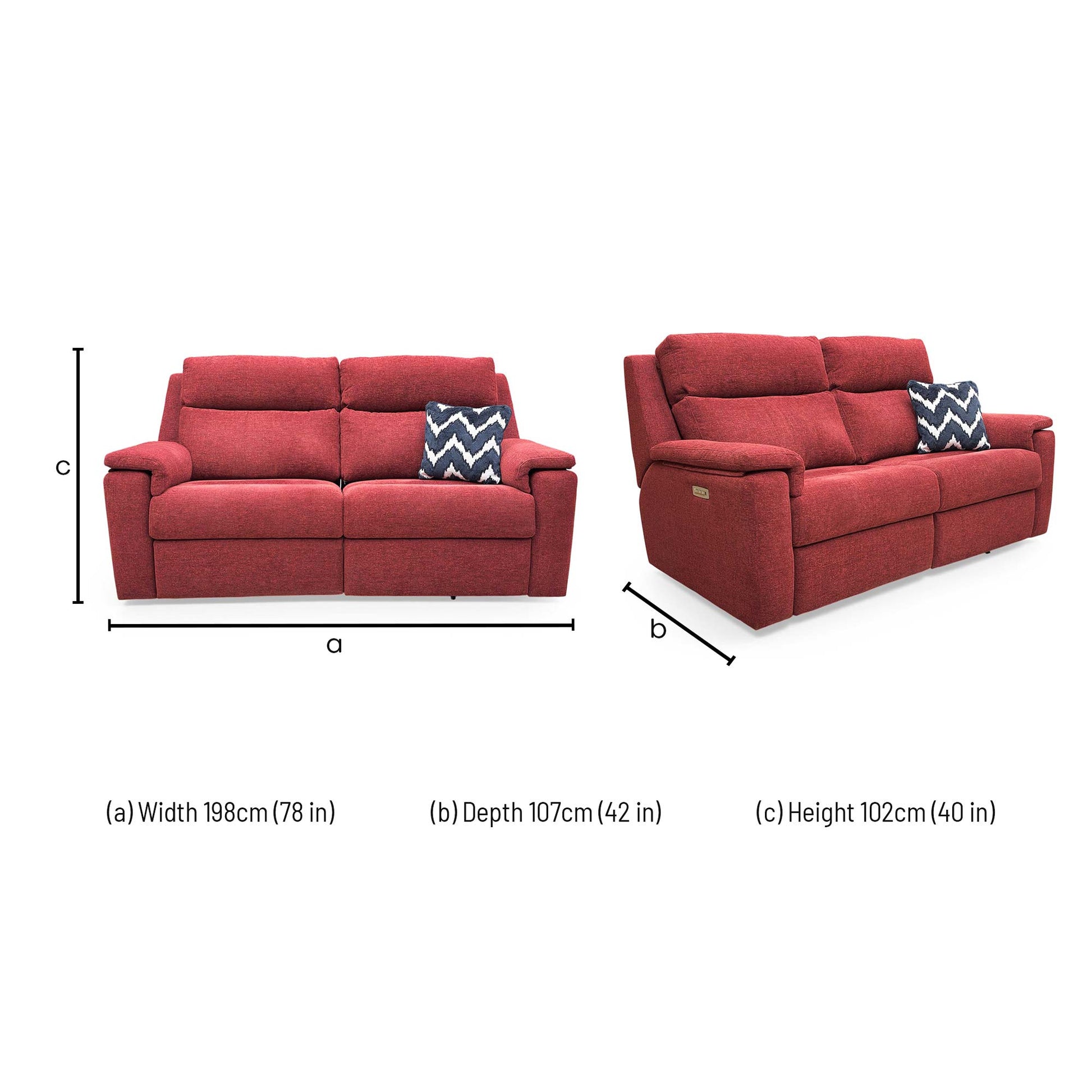 Dimensions for the G Plan ‘Thornbury’ Manhattan Burgundy Red 3 Seater Power Recliner Sofa.