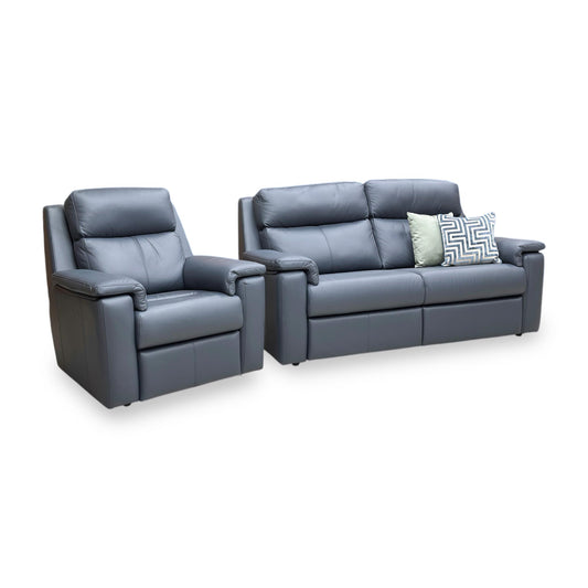 Full view of G Plan Thornbury set featuring a 3 seater sofa and matching armchair in Cambridge Navy Blue leather, with a traditional high-back design and padded arms.