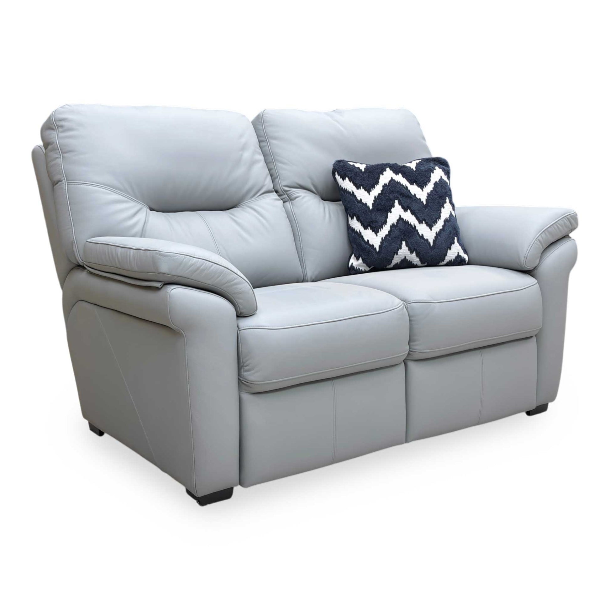 Full view of G Plan ‘Seattle’ 2 Seater Sofa upholstered in Durham Steel Grey top-grain leather with elegant wooden feet.