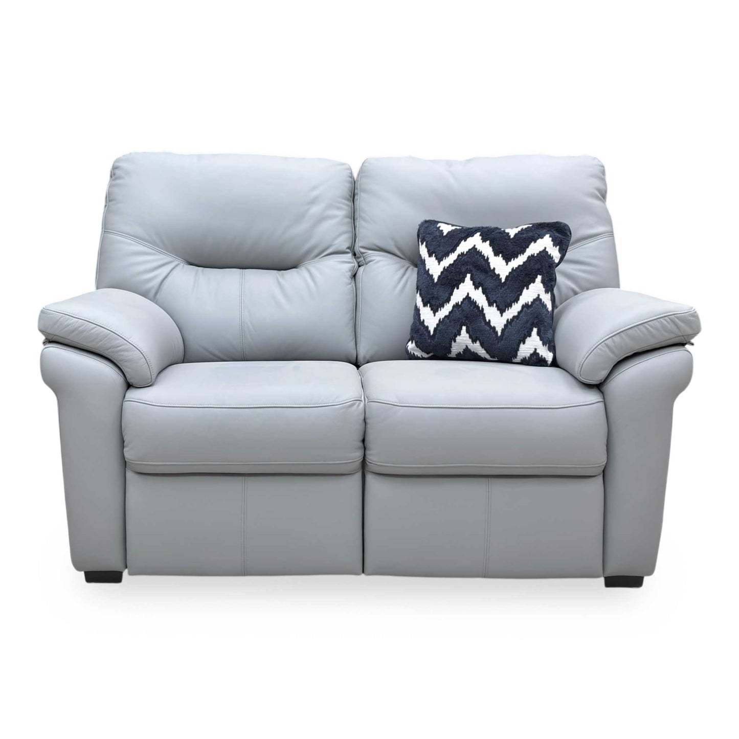 front view of the Durham Steel Grey leather sofa, highlighting the supportive fixed back and seat cushions.