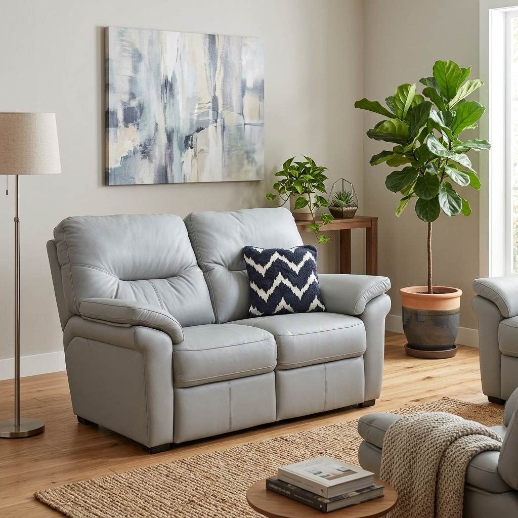 Living room view of the G Plan Seattle grey leather sofa in a minimalist, modern living room.