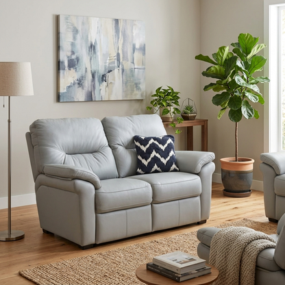 Living room view of the G Plan Seattle grey leather sofa in a minimalist, modern living room.