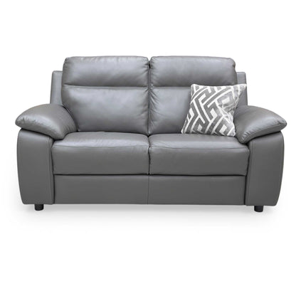Front view of the Nicoletti ‘Pepino’ 2-seater sofa in Torello Grigio Scuro 327 premium leather, featuring a sleek Italian design with wide armrests and a low-profile silhouette.