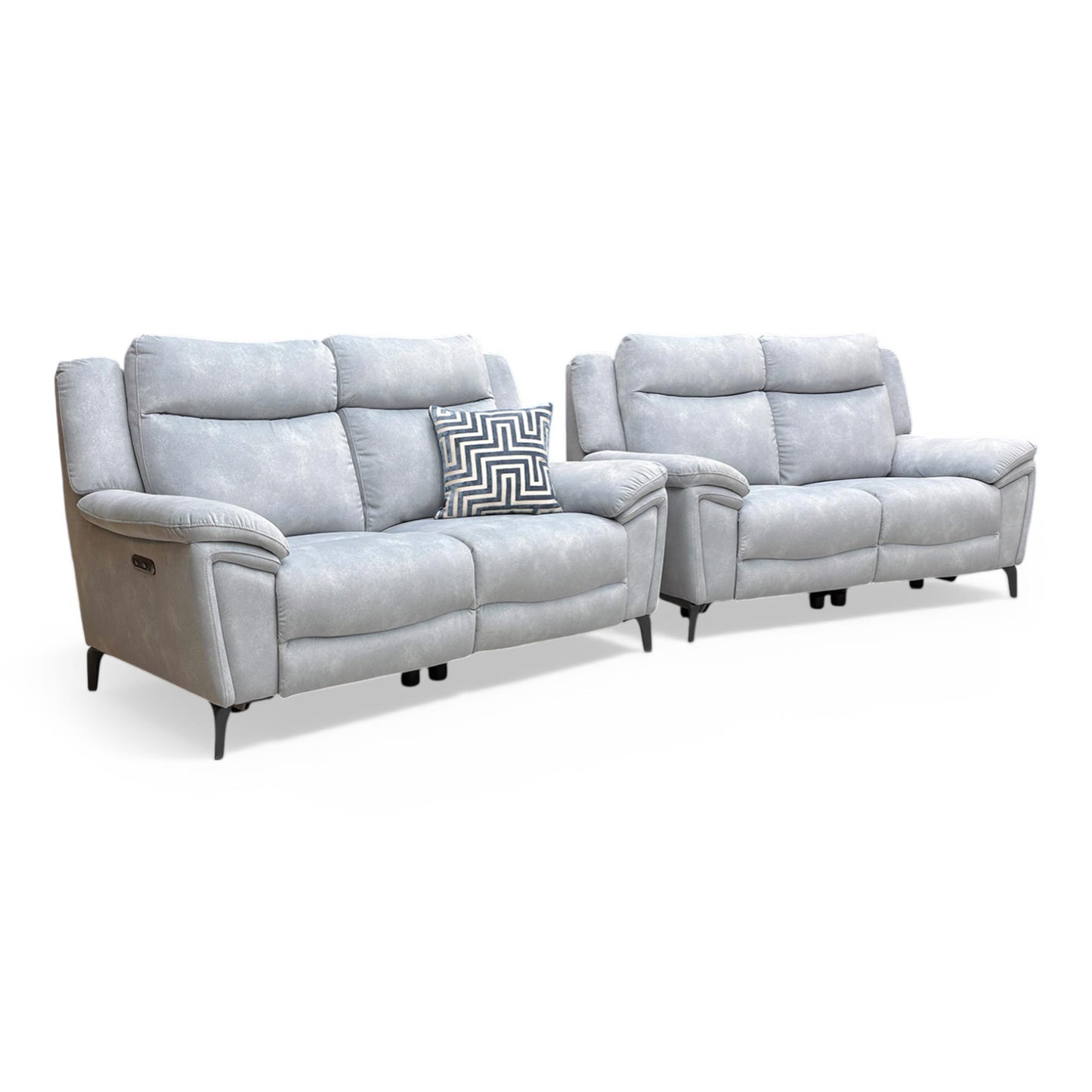 Side view of the Panache sofa, emphasizing the contemporary open-base look and slim metal leg detail.