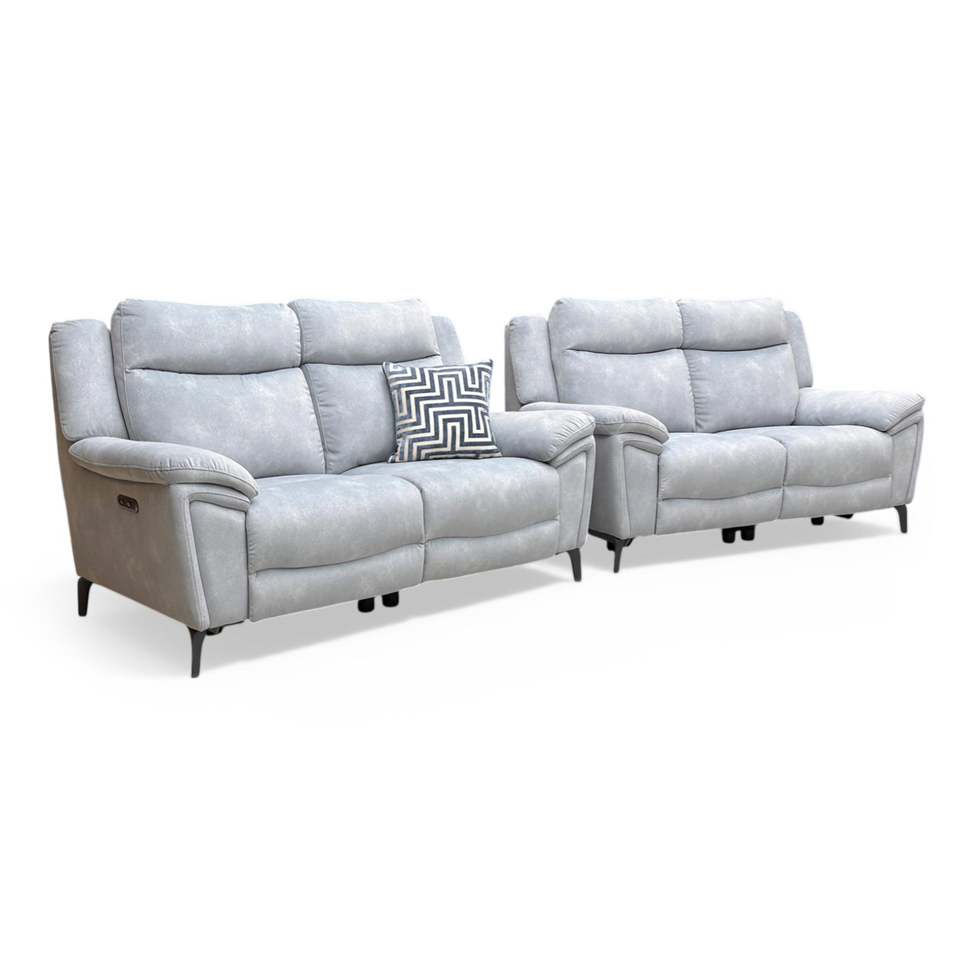Side view of the Panache sofa, emphasizing the contemporary open-base look and slim metal leg detail.