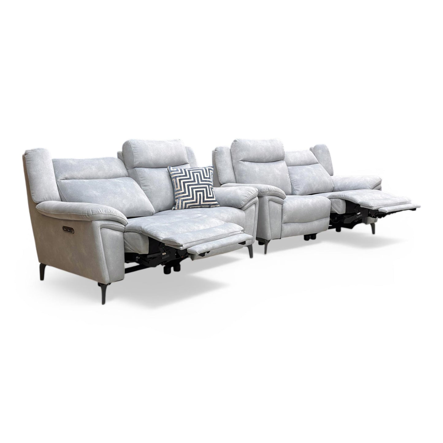 Full view of the Furniture Village ‘Panache’ 2+2 Seater Power Recliner Sofa Set in Dexter Smoke velvet, featuring contemporary curved arms and a high-back design.