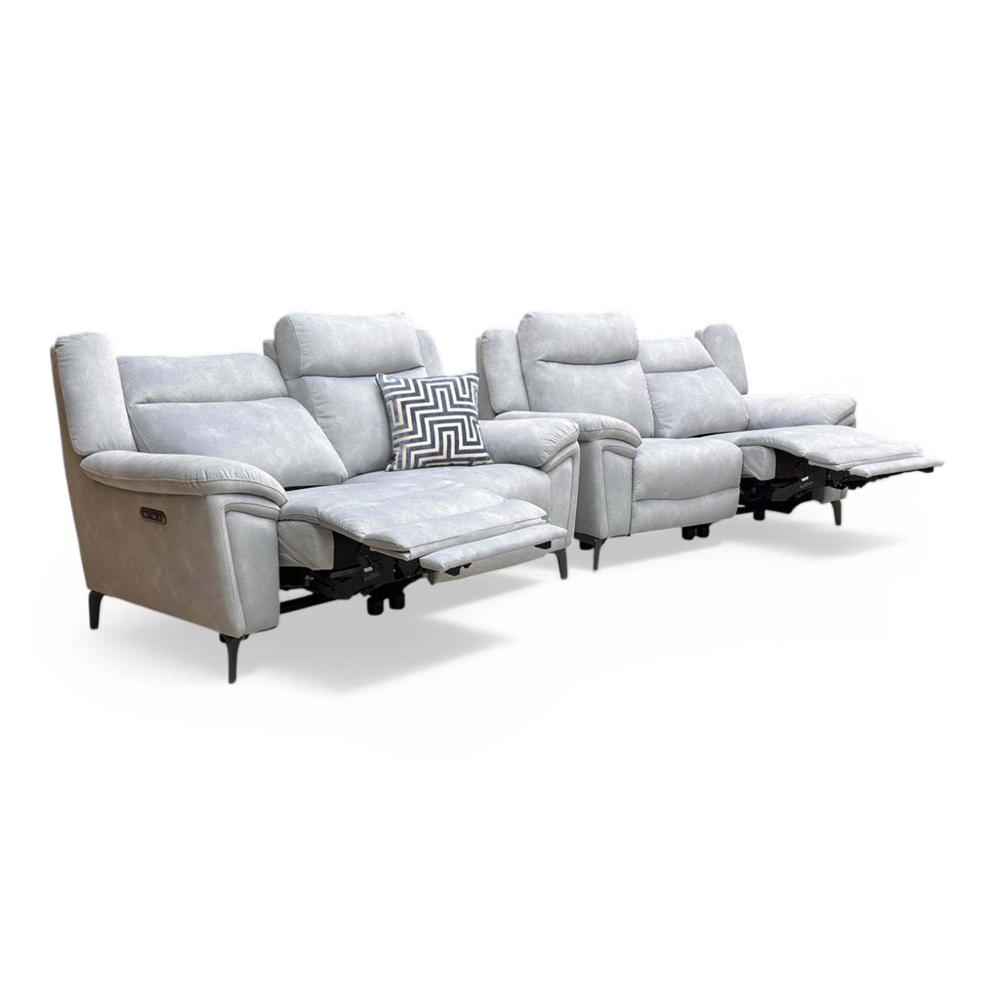 Full view of the Furniture Village ‘Panache’ 2+2 Seater Power Recliner Sofa Set in Dexter Smoke velvet, featuring contemporary curved arms and a high-back design.