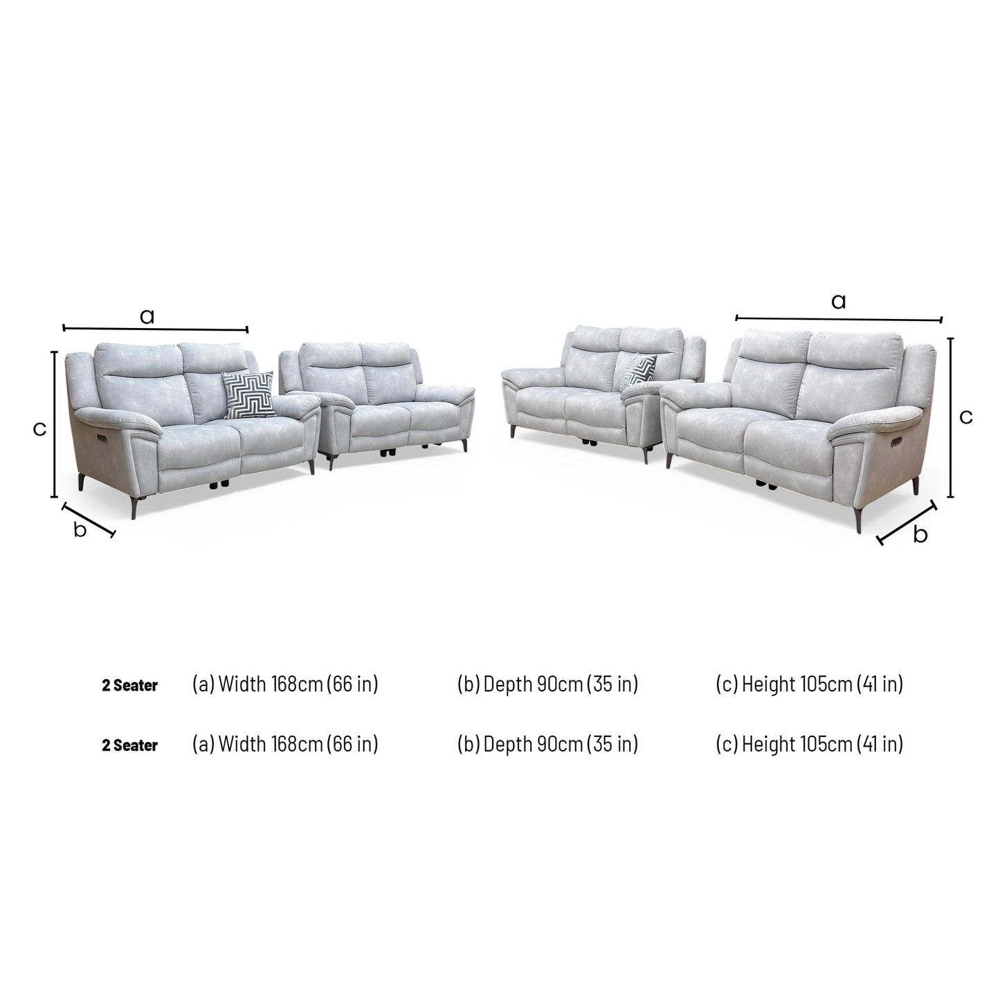 Dimensions for the Furniture Village ‘Panache’ 2 Seater Power Recliner Sofa.