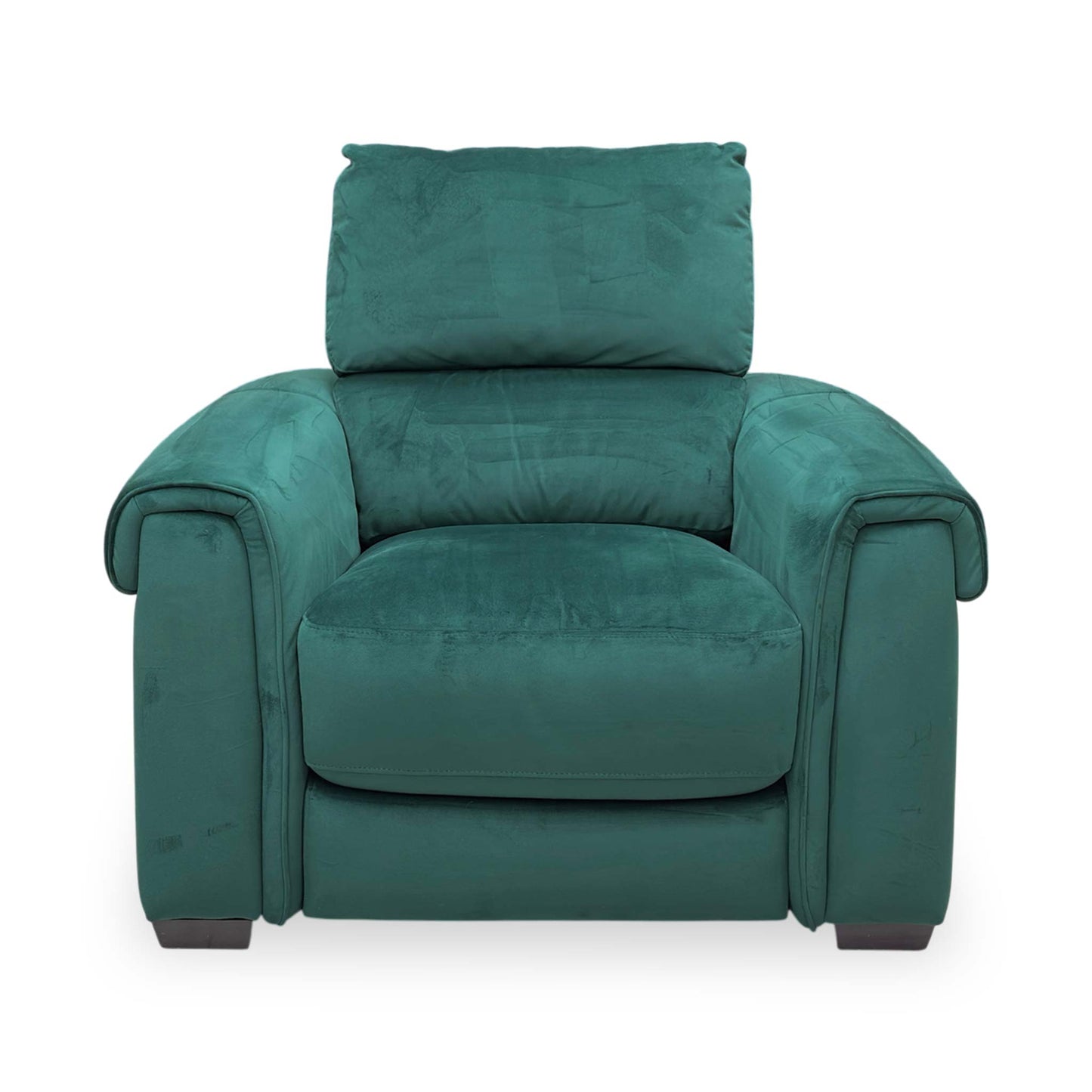Front view of the sturdy black metal legs, showing the minimalist design and stable foundation of the Nixon armchair.