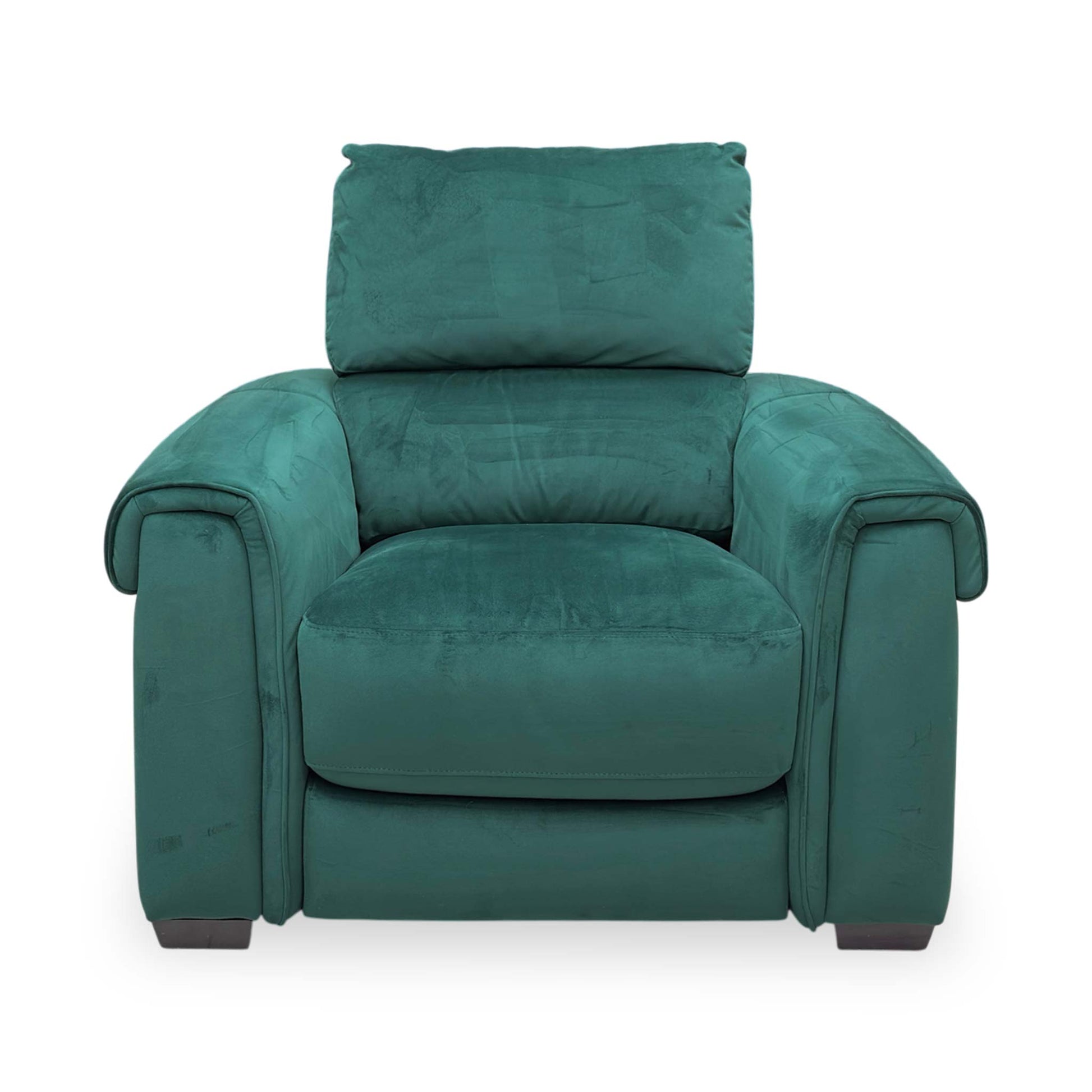 Front view of the sturdy black metal legs, showing the minimalist design and stable foundation of the Nixon armchair.