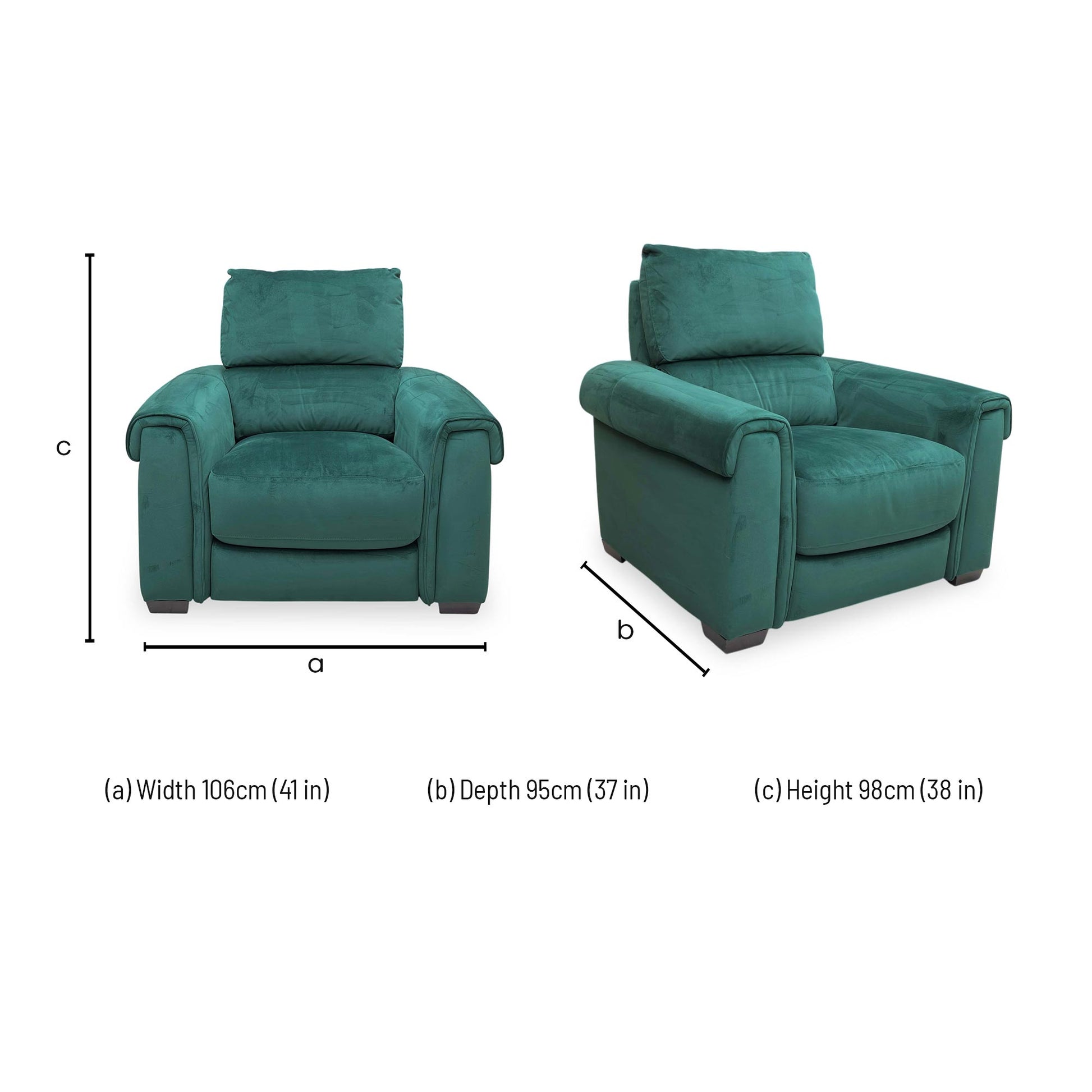 Dimensions for the ‘Nixon’ Emerald Green Velvet Armchair.