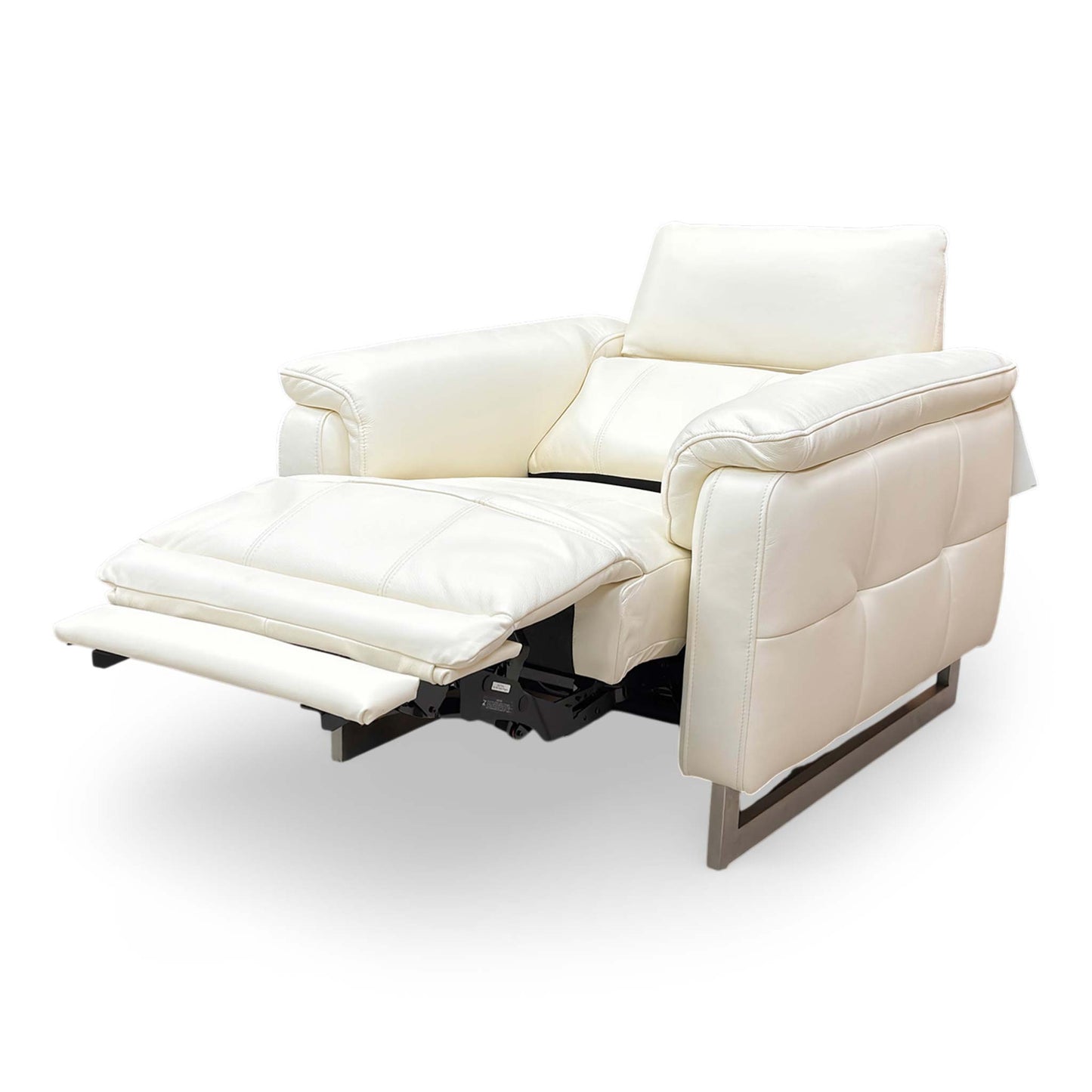 Side view of the Moet chair in a partially reclined position, showcasing its ergonomic profile and high-quality white leather upholstery with feature stitching.