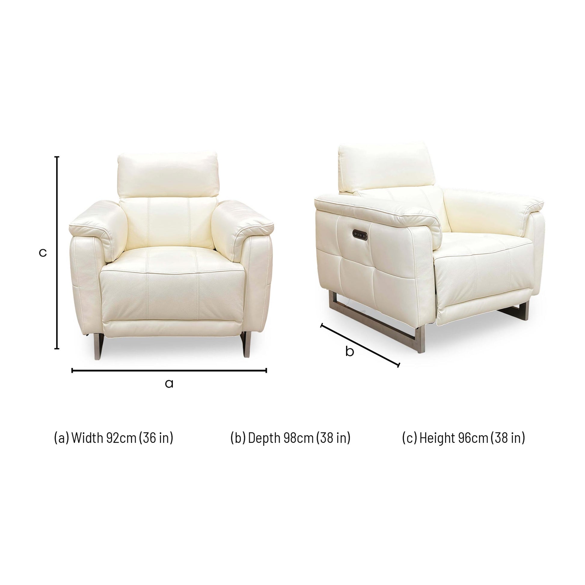 Dimensions for the ‘Moet’ Cat-40/13 Cotton White Leather Power Recliner Chair with Telescopic Headrest.