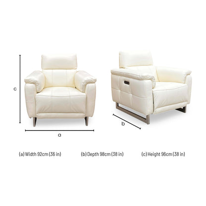 Dimensions for the ‘Moet’ Cat-40/13 Cotton White Leather Power Recliner Chair with Telescopic Headrest.