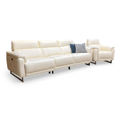 Side profile of the Moet power recliner, emphasizing the clean lines, tailored armrests, and the streamlined aesthetic of the telescopic headrest system.