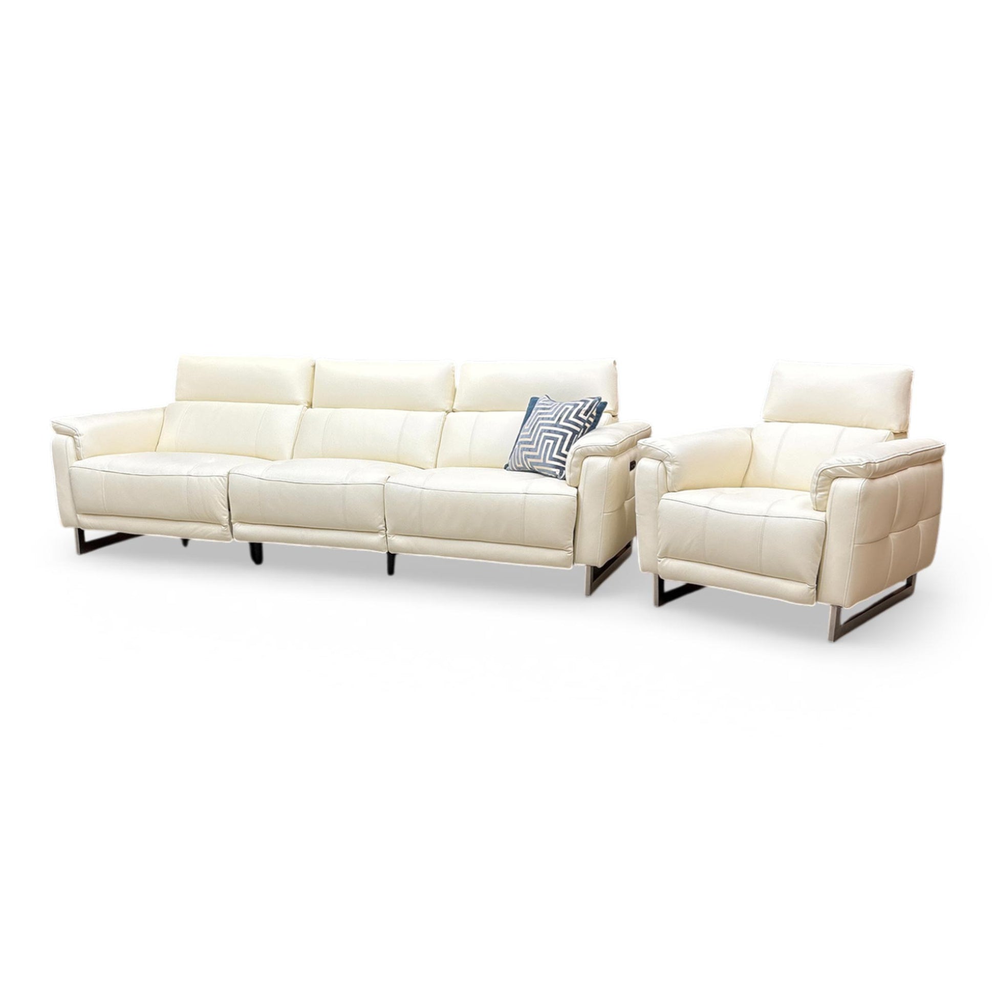 Side profile of the Moet power recliner, emphasizing the clean lines, tailored armrests, and the streamlined aesthetic of the telescopic headrest system.