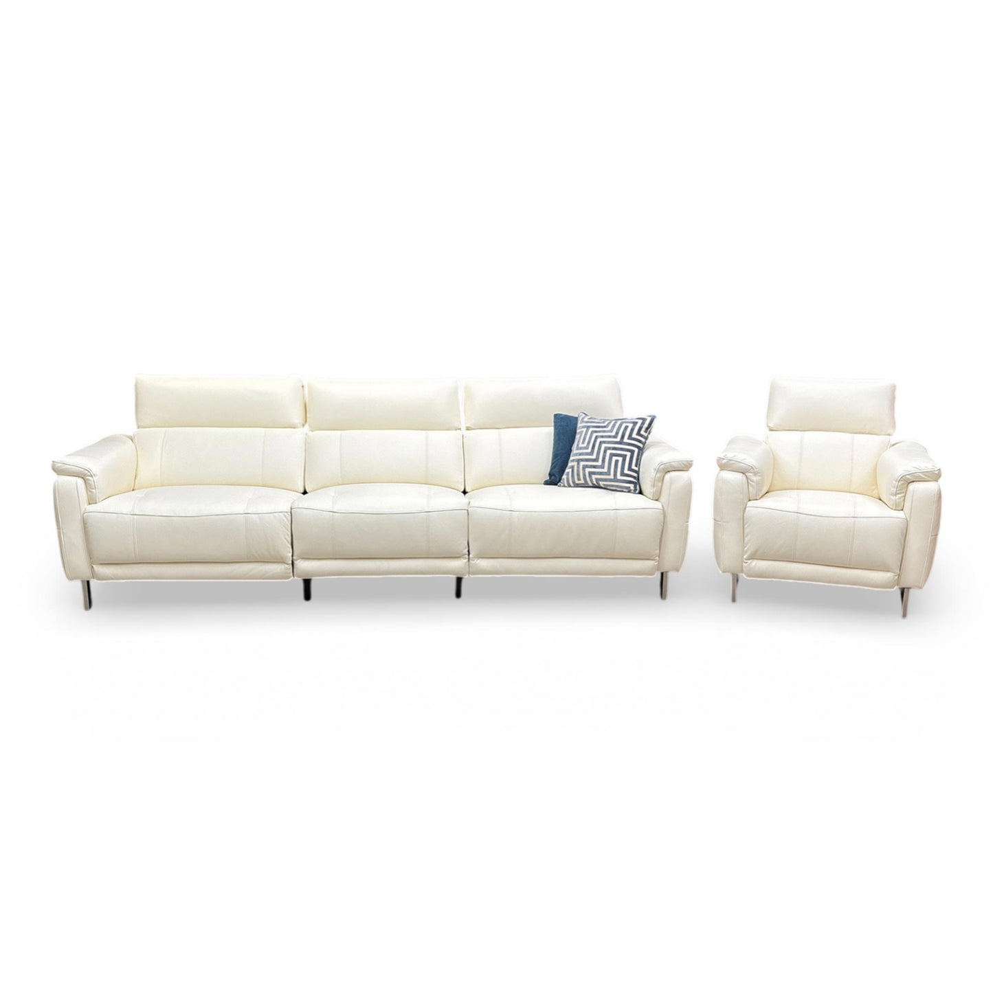 Front shot for the ‘Moet’ 4-seater power recliner sofa and matching power chair in Cat 40 13 Cotton White premium leather, featuring a sleek modern design and telescopic headrests.