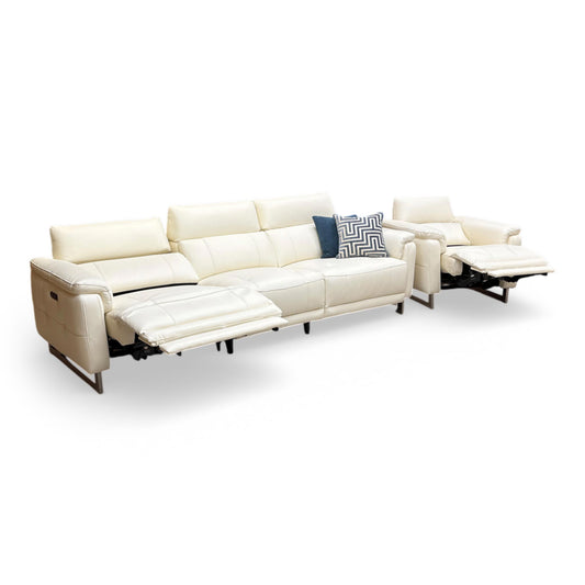 Full view for the ‘Moet’ 4-seater power recliner sofa and matching power chair in Cat 40 13 Cotton White premium leather, featuring a sleek modern design and telescopic headrests.