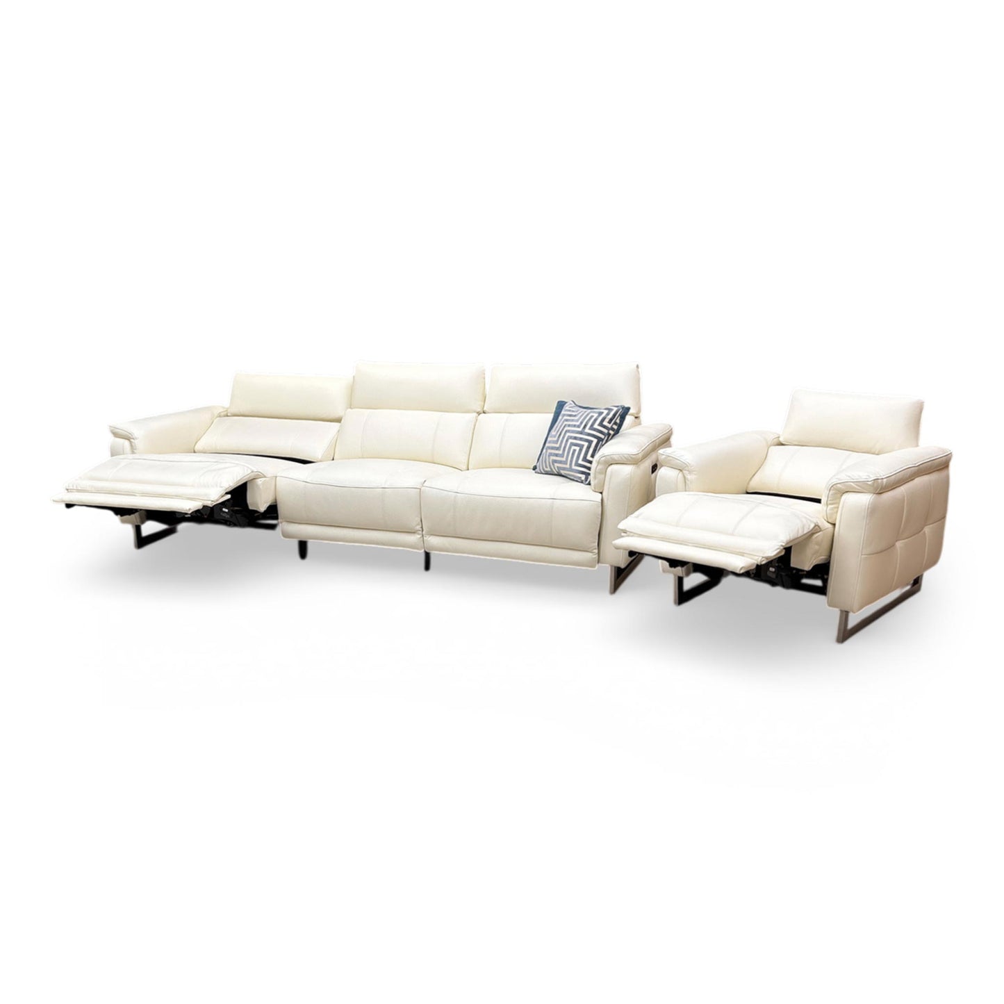 Side profile of the Moet power recliner, emphasizing the clean lines, tailored armrests, and the streamlined aesthetic of the telescopic headrest system.
