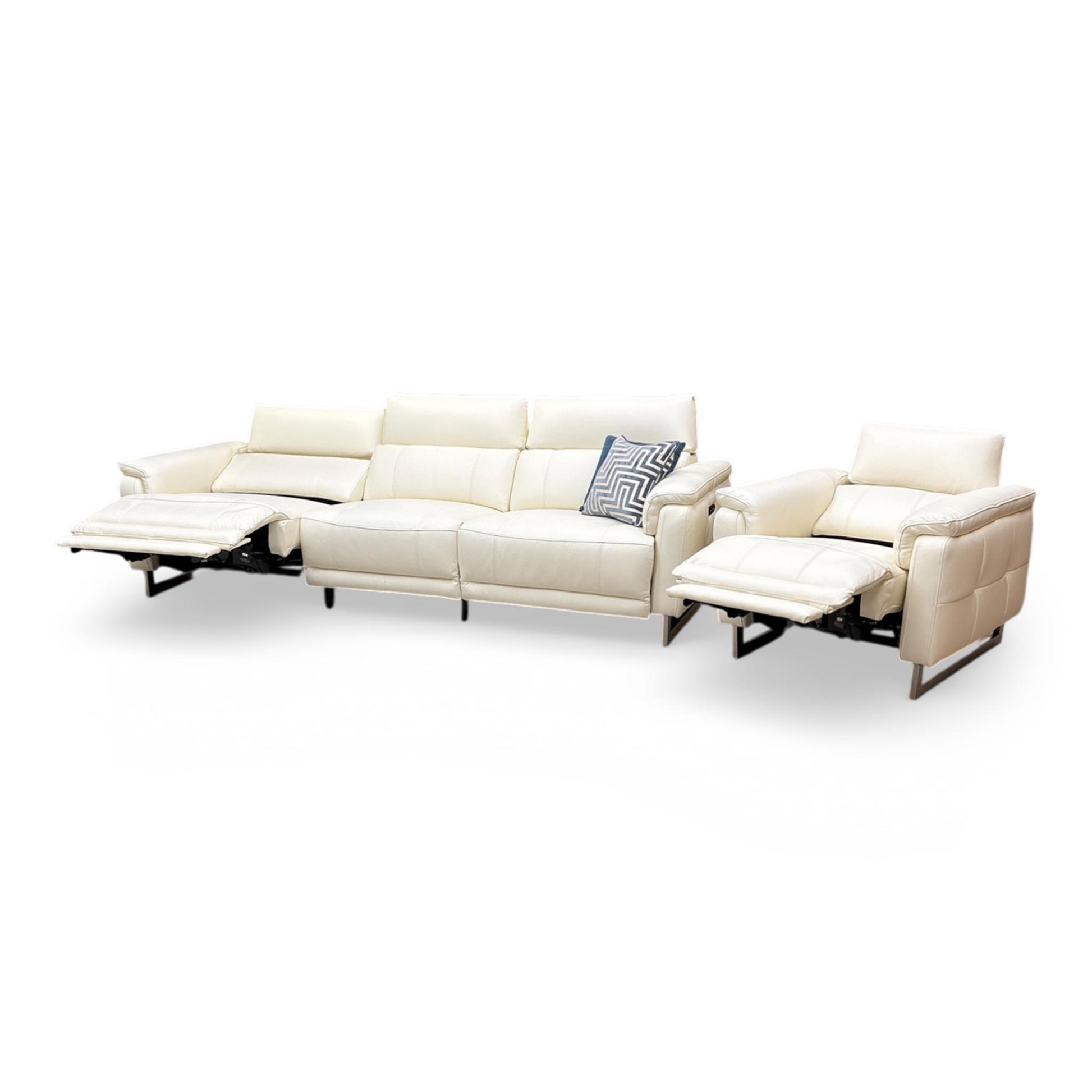 Side profile of the Moet power recliner, emphasizing the clean lines, tailored armrests, and the streamlined aesthetic of the telescopic headrest system.
