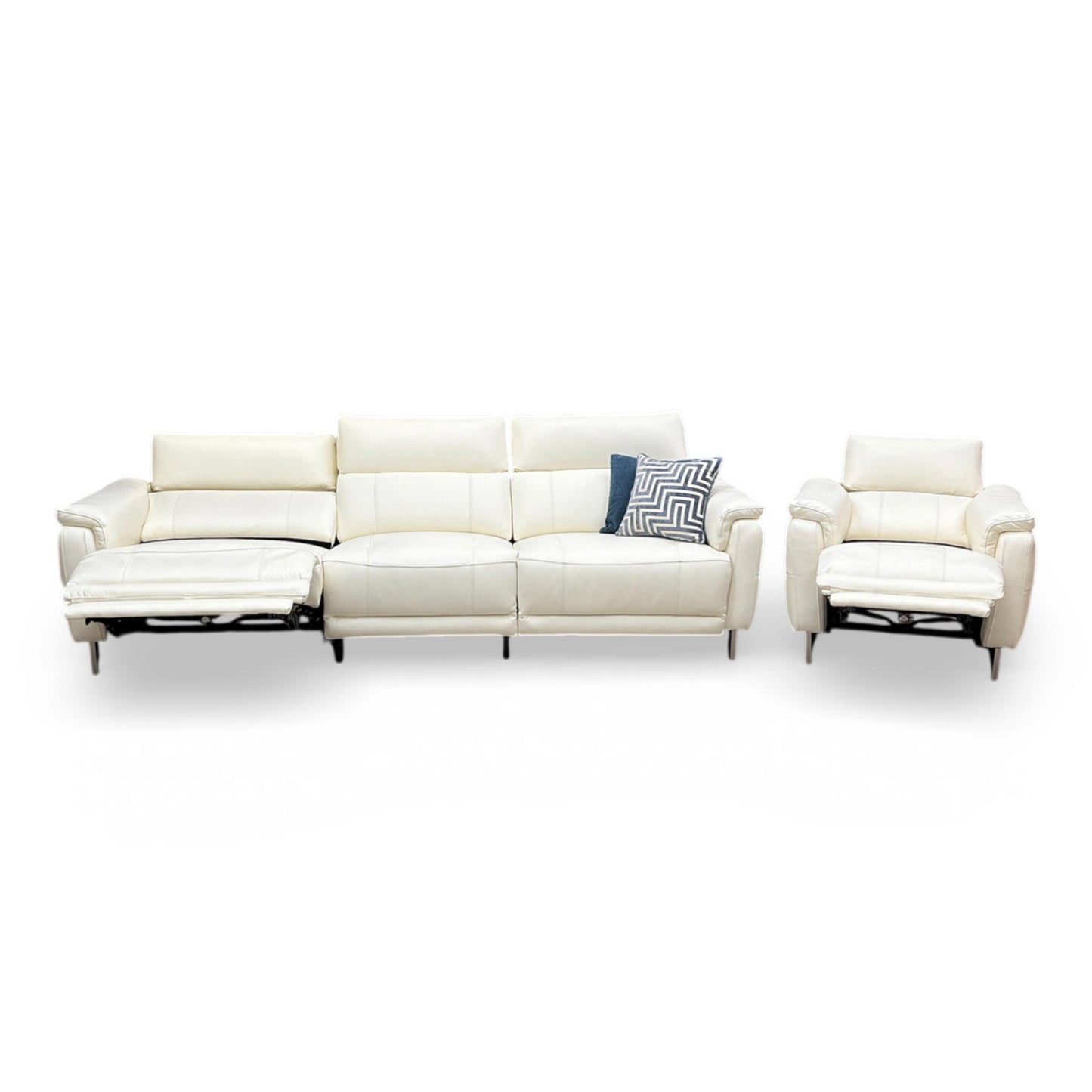 Front shot for the ‘Moet’ 4-seater power recliner sofa and matching power chair in Cat 40 13 Cotton White premium leather, featuring a sleek modern design and telescopic headrests.
