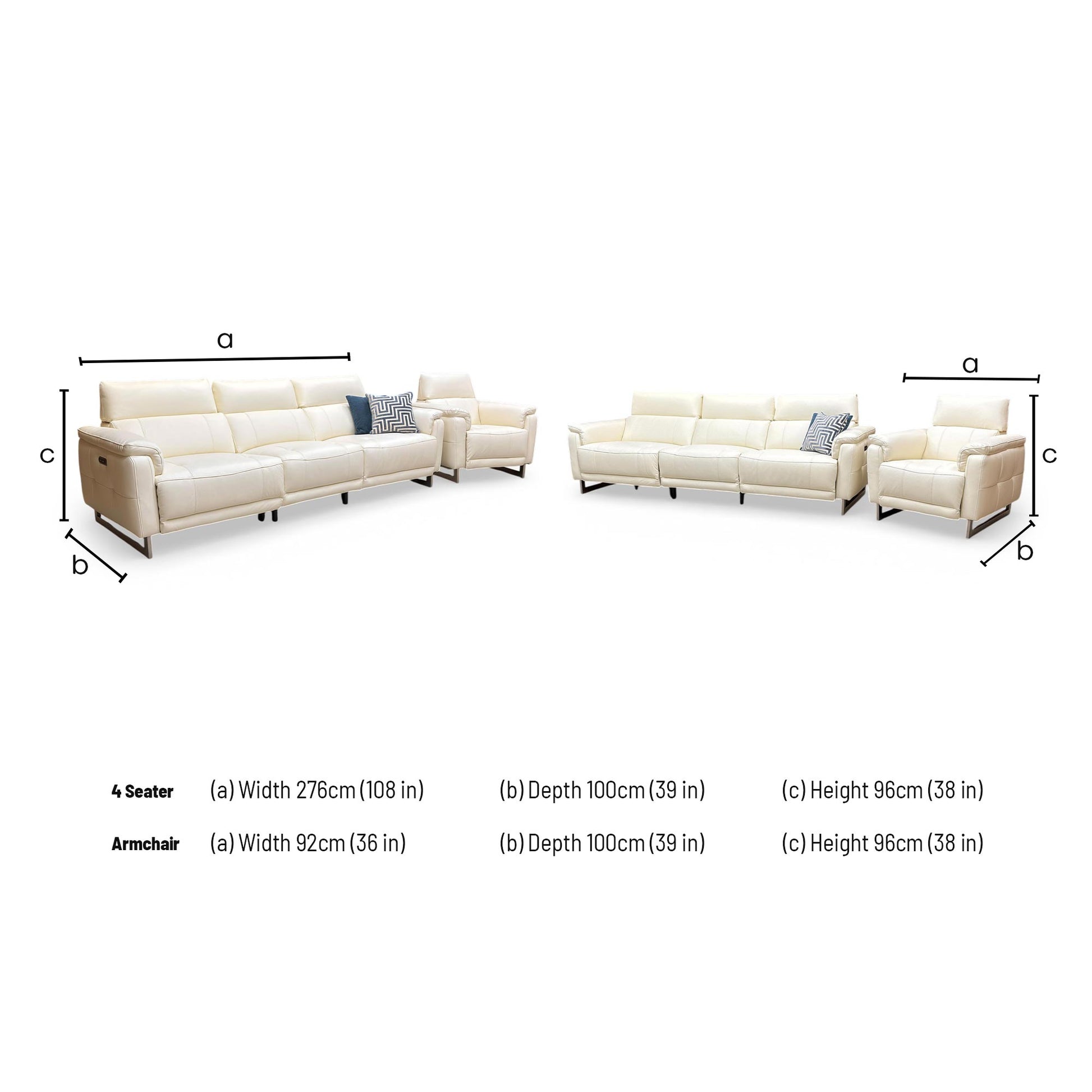 Dimensions for the ‘Moet’ Cat 40 13 Cotton White Leather 4 Seater Power Recliner Sofa.
