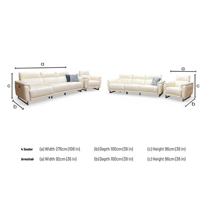 Dimensions for the ‘Moet’ Cat 40 13 Cotton White Leather 4 Seater Power Recliner Sofa.