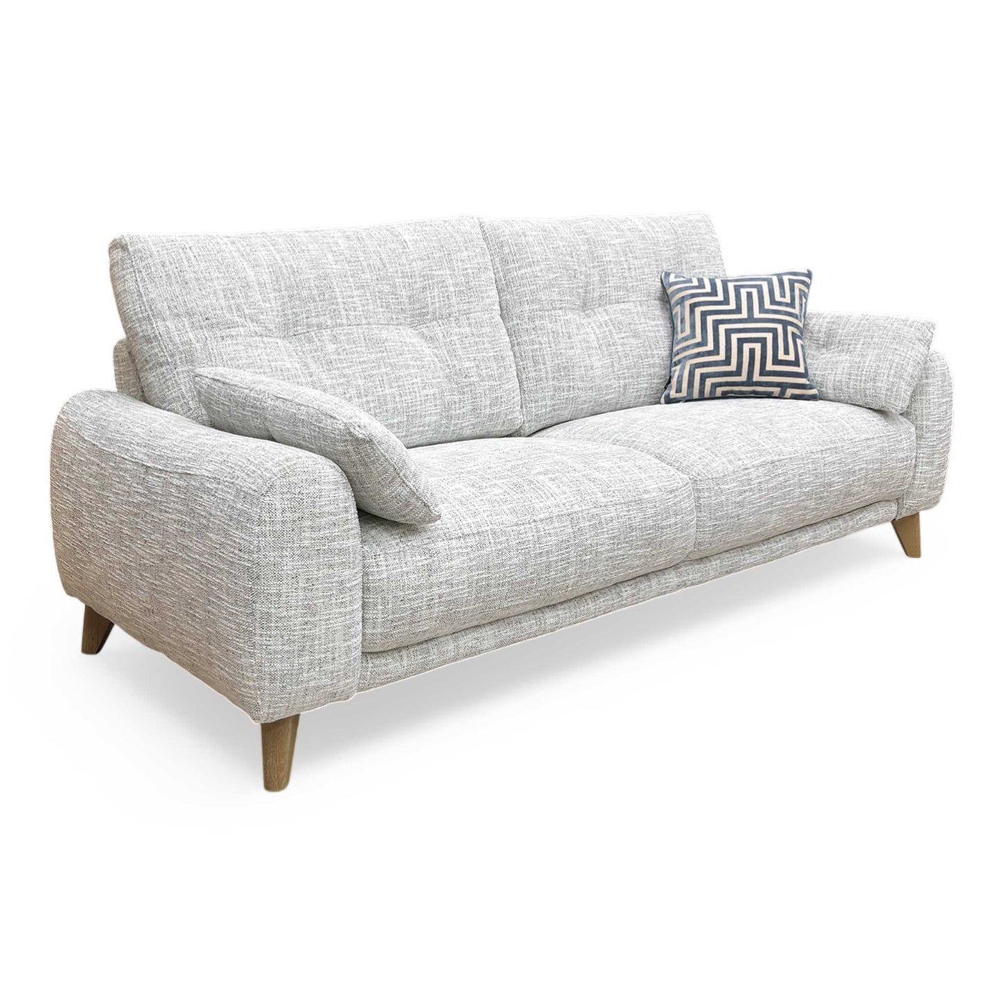 Full view of the ‘Malmo’ 3 Seater Sofa in Silver Green fabric, showcasing its modern Scandi-style design with clean lines and tapered wooden legs.