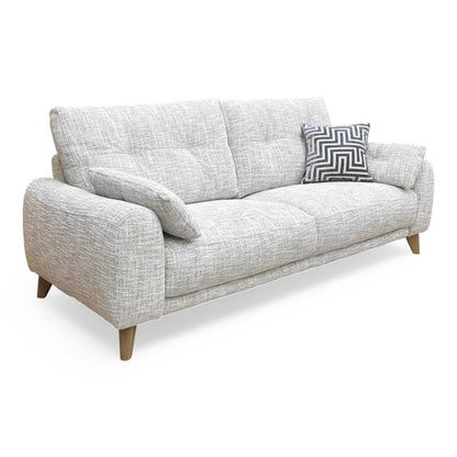 Full view of the ‘Malmo’ 3 Seater Sofa in Silver Green fabric, showcasing its modern Scandi-style design with clean lines and tapered wooden legs.