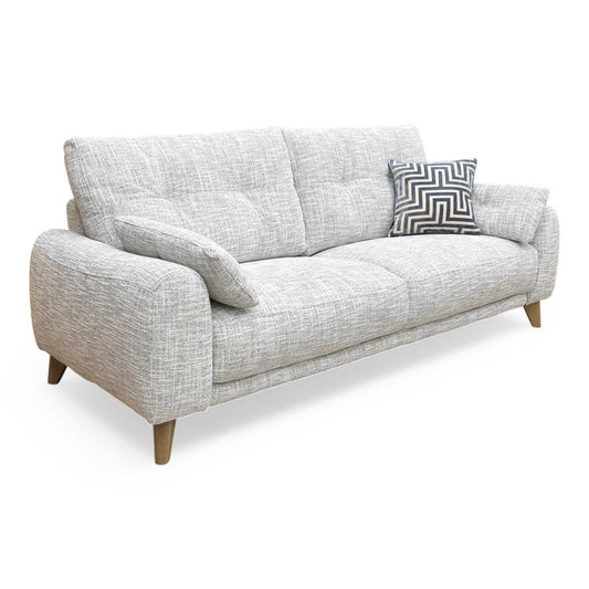 Full view of the ‘Malmo’ 3 Seater Sofa in Silver Green fabric, showcasing its modern Scandi-style design with clean lines and tapered wooden legs.