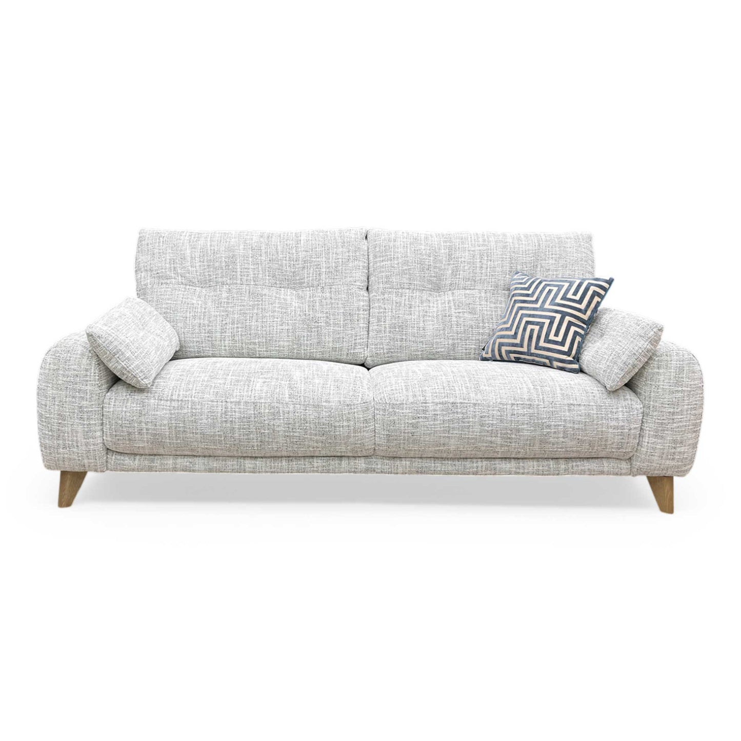 Front view of the ‘Malmo’ 3 Seater Sofa in Silver Green fabric, showcasing its modern Scandi-style design with clean lines and tapered wooden legs.
