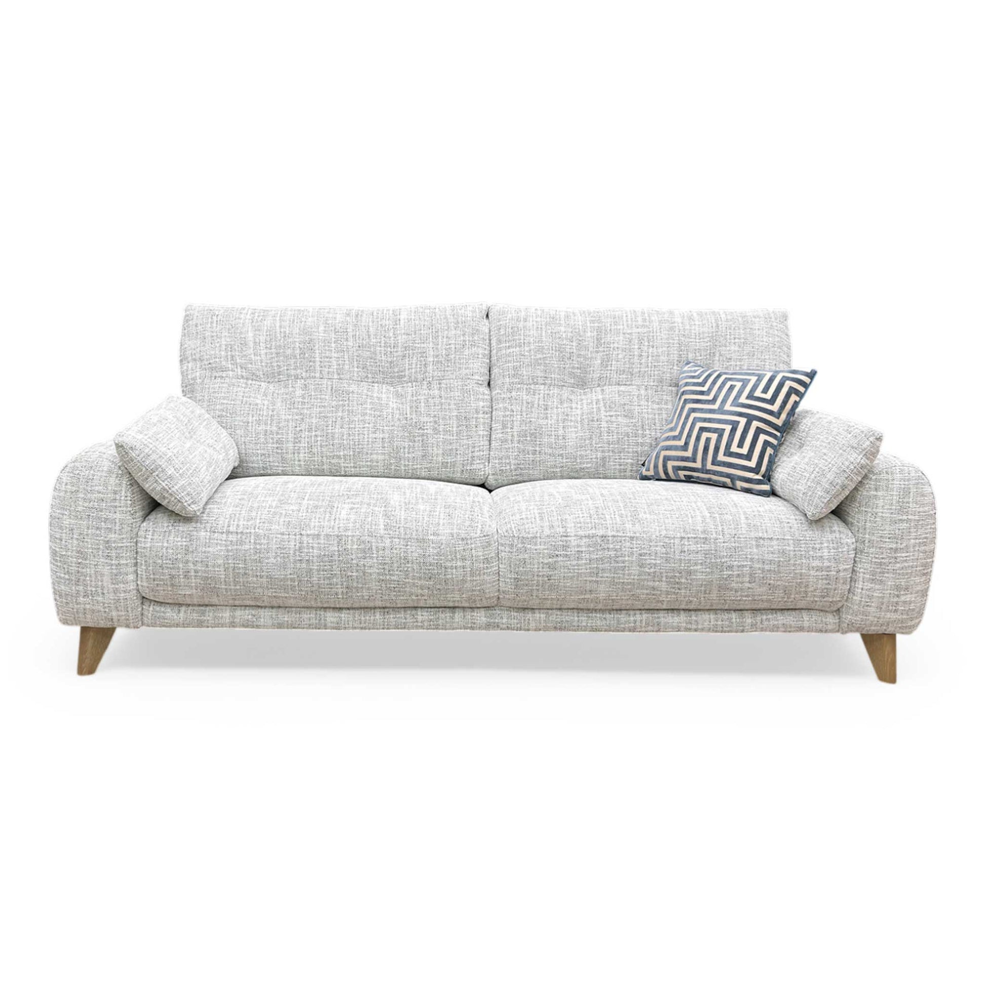 Front view of the ‘Malmo’ 3 Seater Sofa in Silver Green fabric, showcasing its modern Scandi-style design with clean lines and tapered wooden legs.