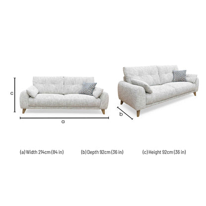 Dimensions for the ‘Malmo’ Fab-Mga-R06 Silver Green Fabric 3 Seater Sofa.