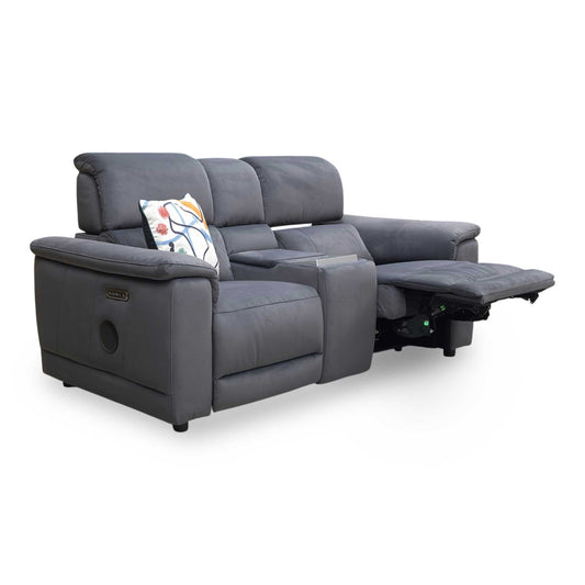‘Genius’ Bella Iron Grey  43460 Velvet 2 Seater Power Recliner Media Sofa with Power Headrest, Power Lumbar and Heated Seats