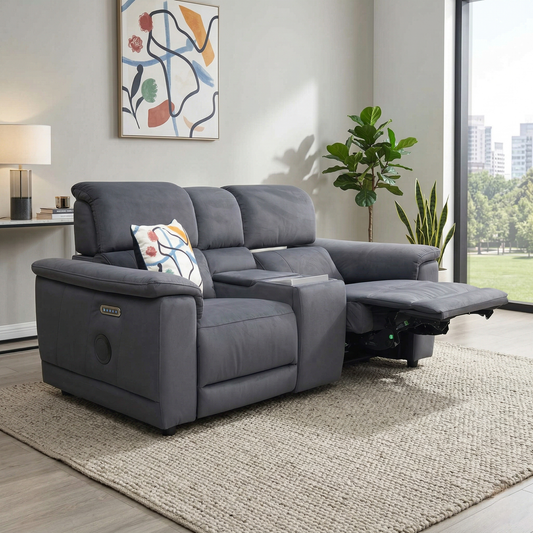 Living room view of the central media console featuring touchscreen controls, cooling cupholders, and storage.