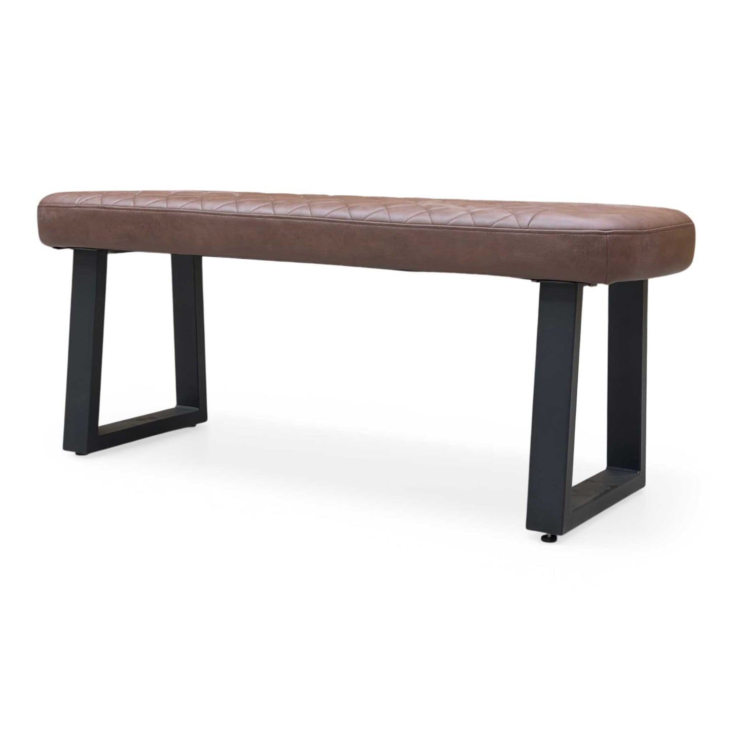 Profile view of the bench emphasizing the sturdy black metal U-shaped leg design and slim, space-saving profile.