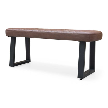 Profile view of the bench emphasizing the sturdy black metal U-shaped leg design and slim, space-saving profile.