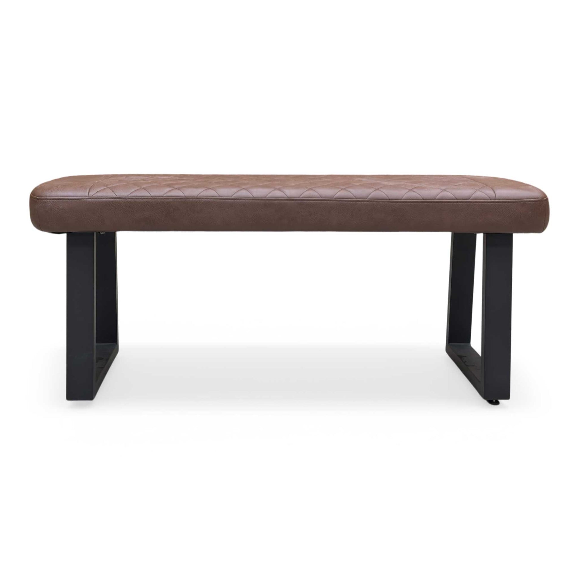 Front view of the Venus dining bench showing the stylish diamond-pattern stitching detail on the tan upholstery.